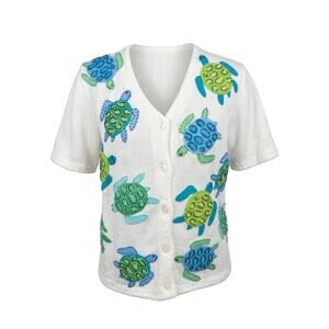 Vintage Grandpacore Sea Turtle Beaded Knit Cardigan Cottagecore beach knit m